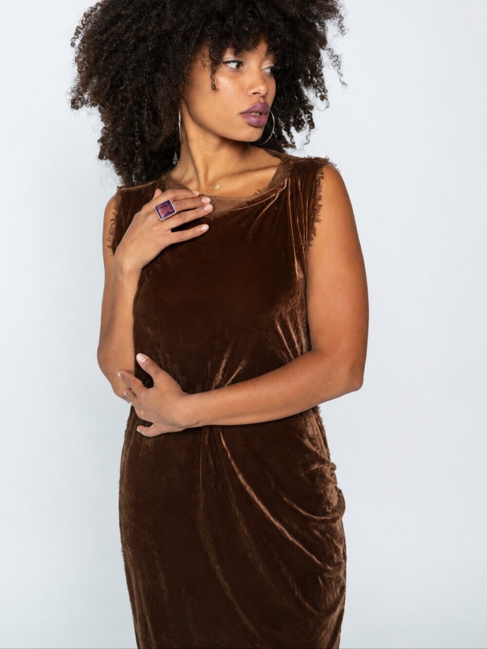 Jaga Kent Brown Velvet Bias Cut Dress Silk Blend Sleeveless Frayed Detail USA